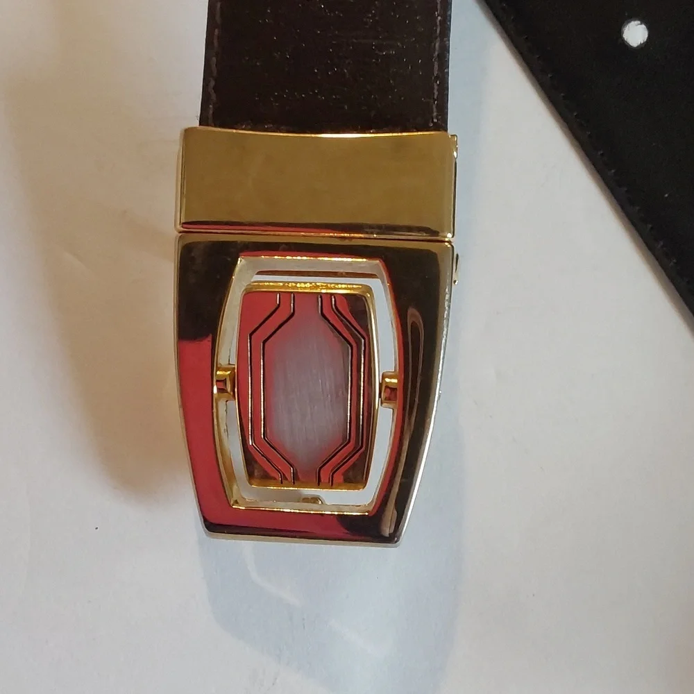 Vintage Luxury Men's Black/ Brown Reversible Leather Belt Gold /Silver Buckle Lg